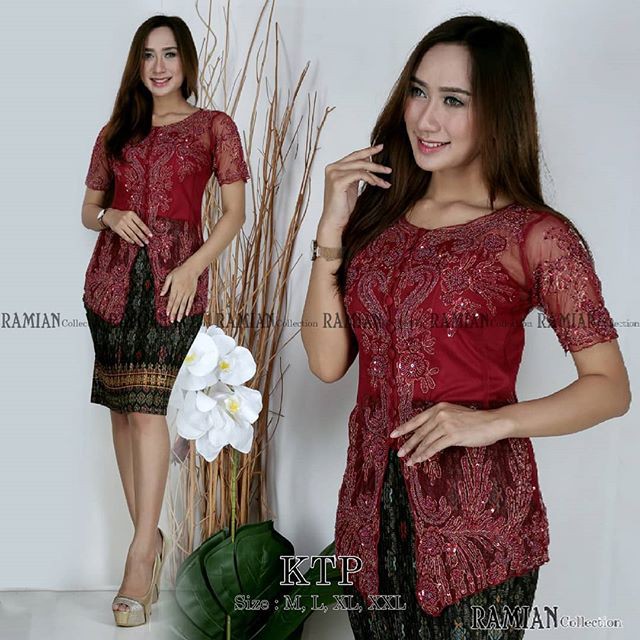 Setelan Kebaya Tile Payet Maroon Mix Plisket Pendek / Kebaya Modern
