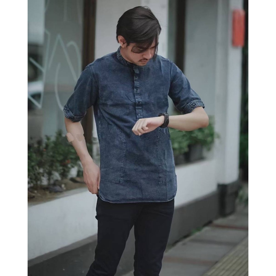 Kurta Jeans Pria - Kurta Denim Sandwash - Baju Koko Jeans