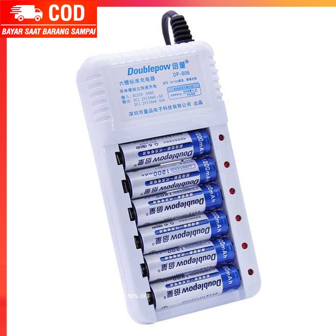 (100% BARANG ORI) DOUBLEPOW Charger Baterai 6 slot AA/AAA with 6PCS AA 1200mAh - DP-B06