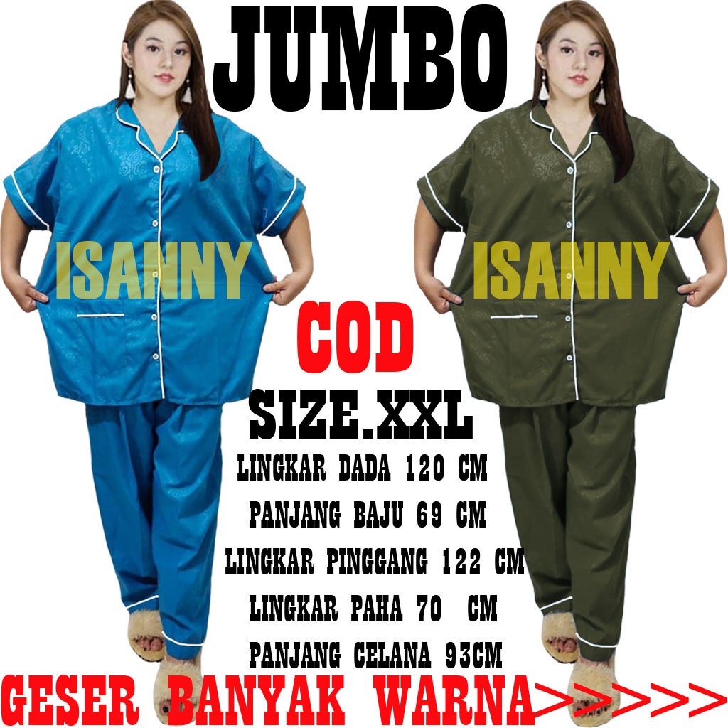 ISANNY PIYAMA SET JUMBO SIZE.XXL/SATEN EMBOS JUMBO CP/PYAMA DEWASA/READY 20 WARNA