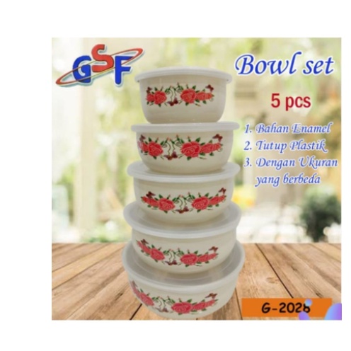 Panci mangkok /mixing bowl 5 susun bahan ENAMEL+ tutup plastik