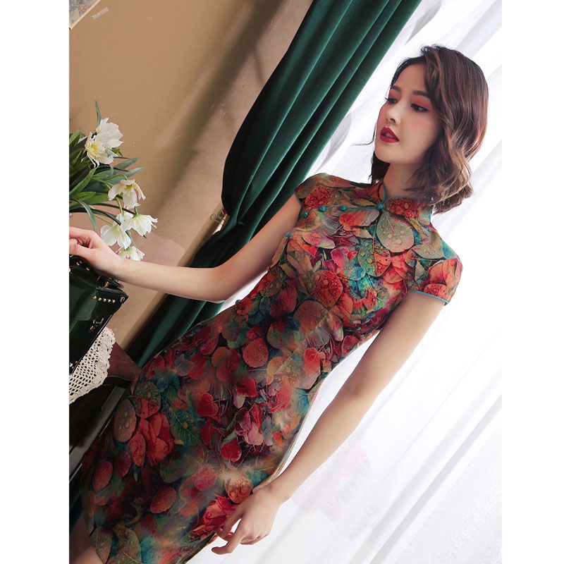 Multicolor new women's summer elastic cotton short sleeved cheongsam Chinese stand collar slim liter