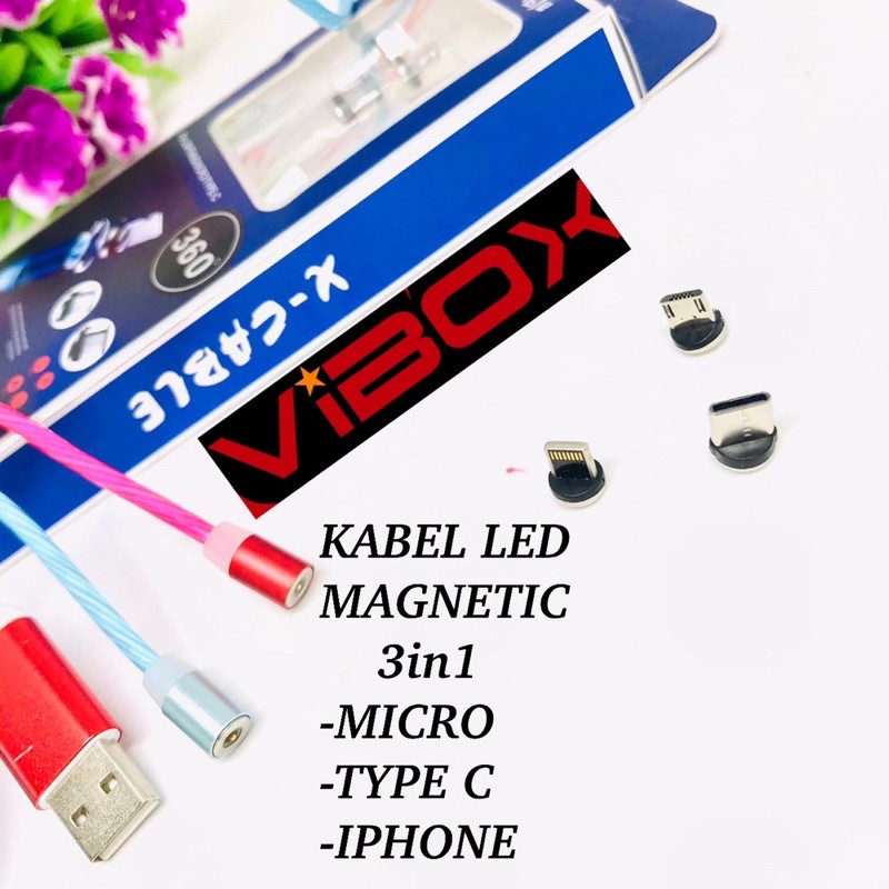 KABEL VIBOX LED DISKO MAGNET 3IN1 MICRO TYPE C IPHONE LED CABLE DATA NEW