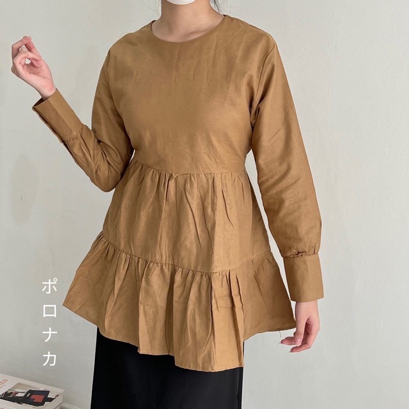 PORONAKA - MAMI Atasan Ruffle Blouse Linen Longsleeve