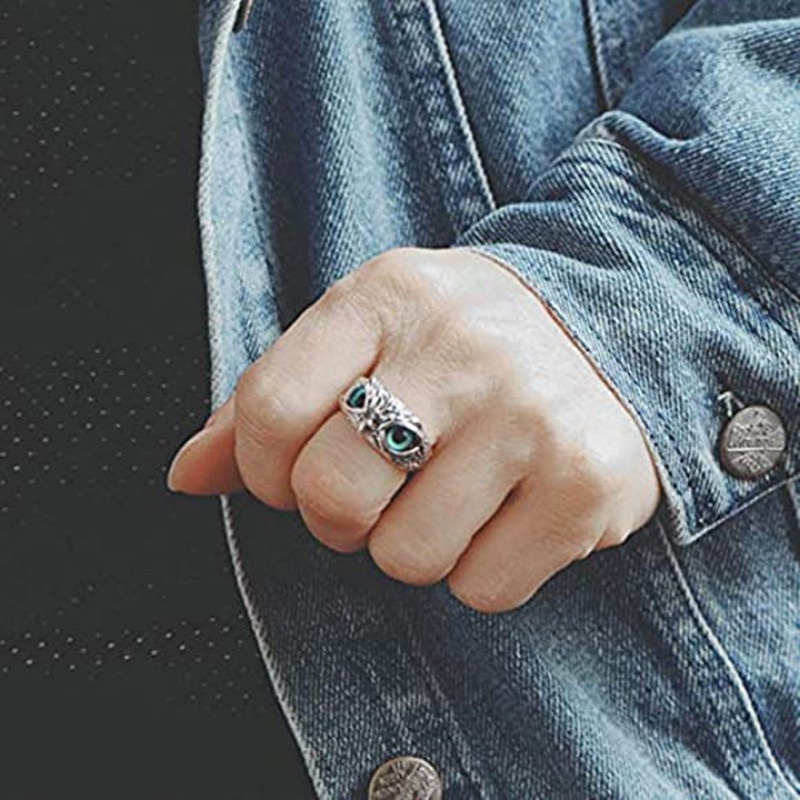 Cincin Model Terbuka Adjustable Desain Burung Hantu Mata Kucing Warna-Warni Gaya Vintage Untuk Pria Dan Wanita