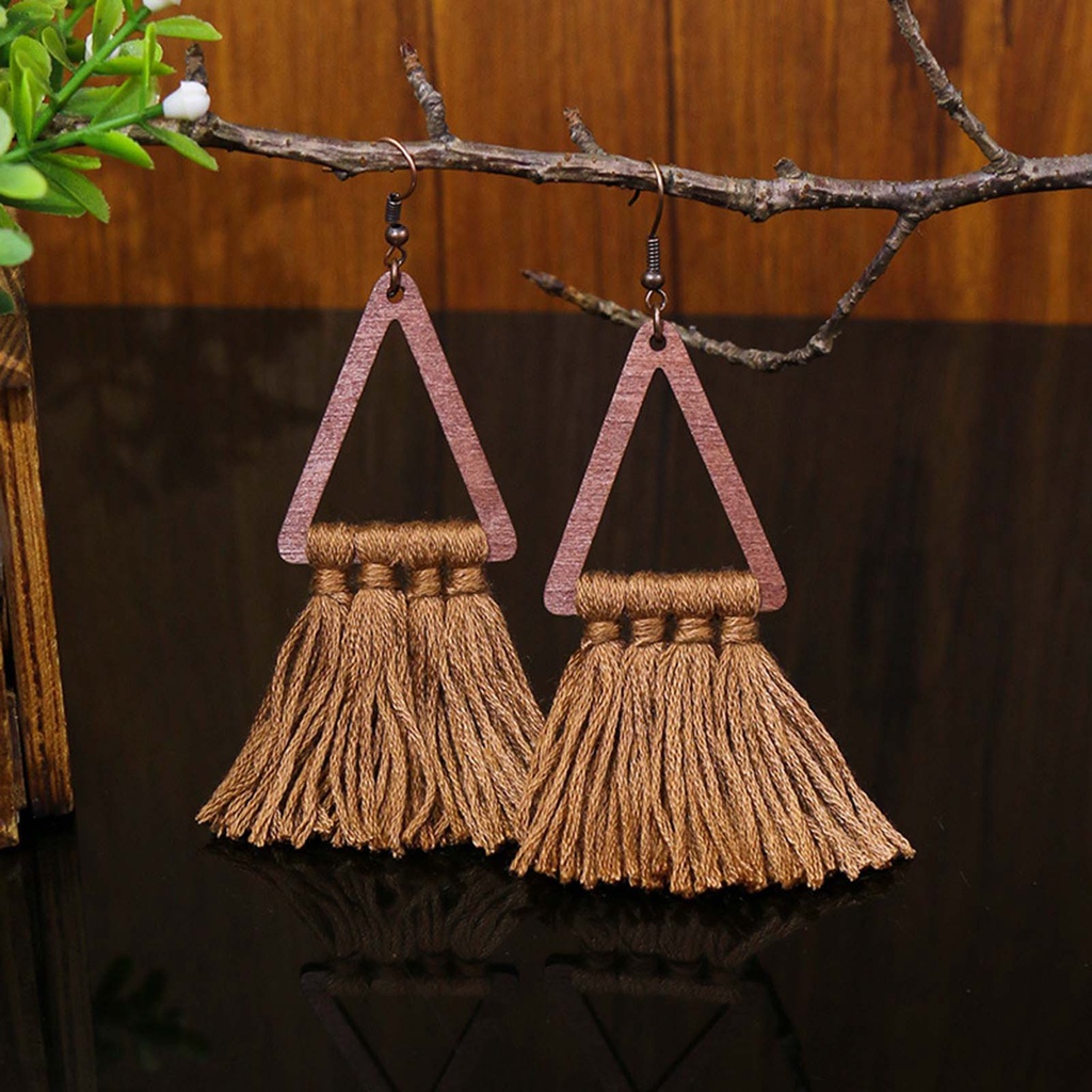 Hu Hu Hu Hu Hu Alat Bantu Pasang Kacamata♡ 1 Pasang Anting Kait Gantung Wanita Bahan Kayu Bentuk Segitiga Aksen Rumbai Benang Katun Gaya Etnik Bohemian