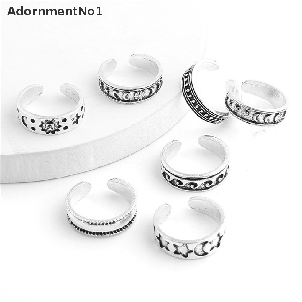 (AdornmentNo1) 7pcs / Set Cincin Jari Kaki Terbuka Adjustable Gaya Vintage Motif Bintang + Bulan + Hollow Untuk Wanita