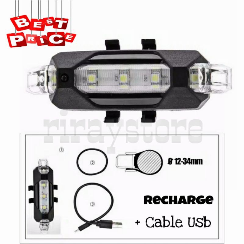 Lampu Sepeda kelap kelip LED Warna Cable Rechargeable Anti air