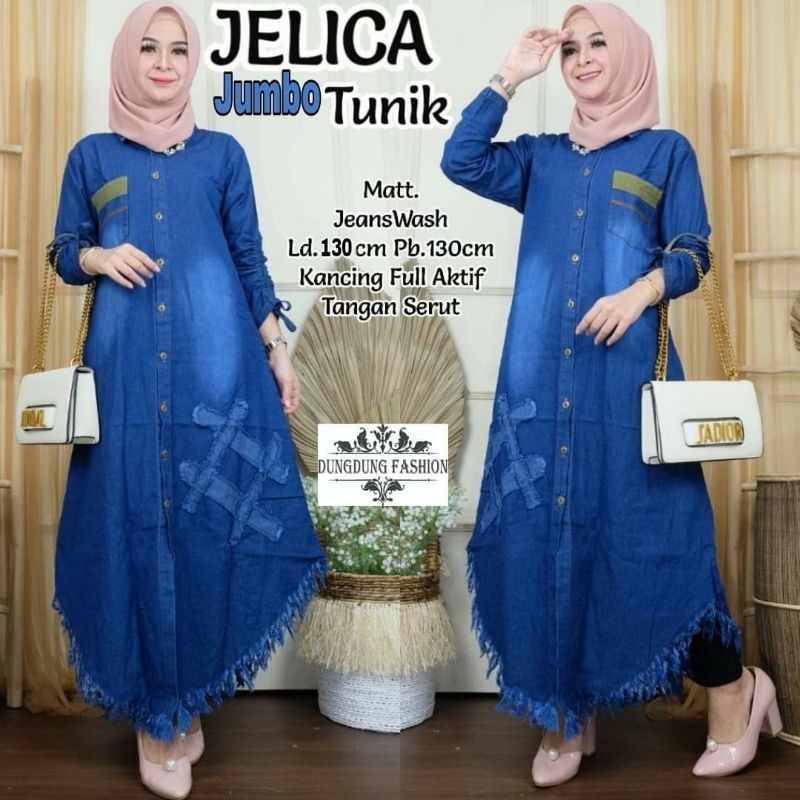Baju Long Tunik Jeans Denim Jumbo Big Size Jelica Tunik Pakaian Wanita Cantik Anggun Elegan Kualitas