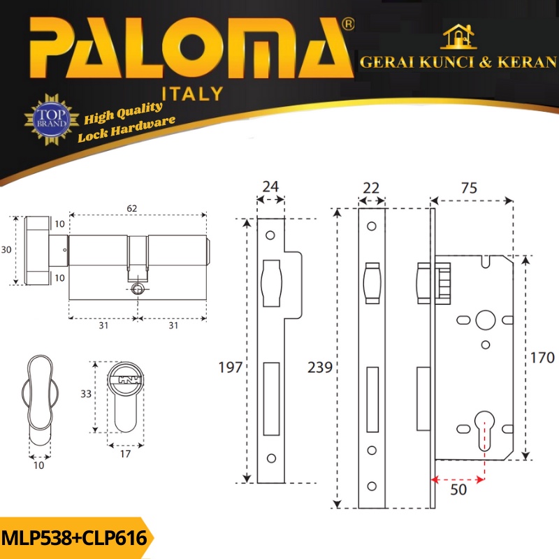 PALOMA MORTISE LOCK SET CYLINDER MLP 538 CLP 616 KNOB KUNCI BODY PELOR 50MM CYLINDER KNOB 62MM