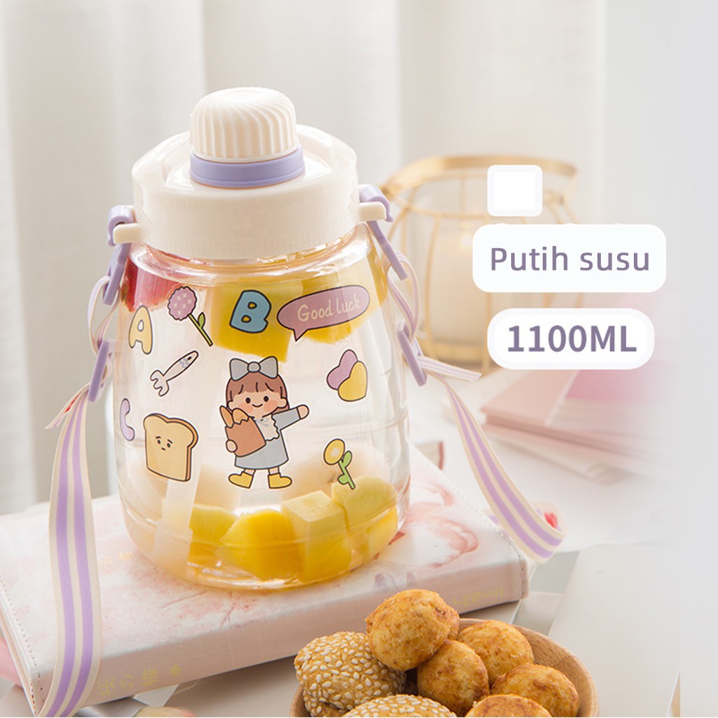 Botol Minum Anak Desain Unik Variasi Motif Karakter terdapat Sedotan BPA FREE bottol minum sedotan cangkir jerami cangkir plastik lucu cangkir kartun portabel 480ML 1000ML-Putih susu 1100 ml