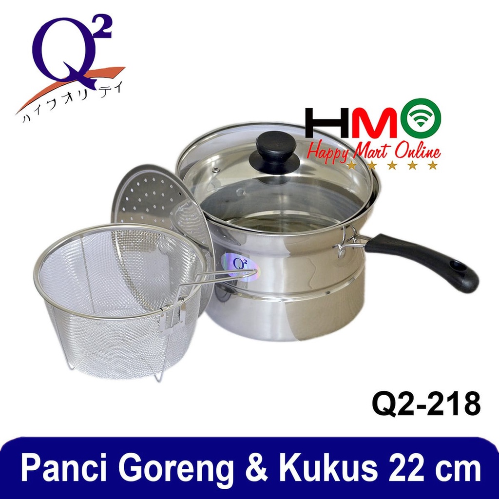 Q2 Panci Goreng Kukus Stainless Diameter 22 CM Q2-218 Tutup Kaca Deep Fry Pan 22CM Q2 218 Panci