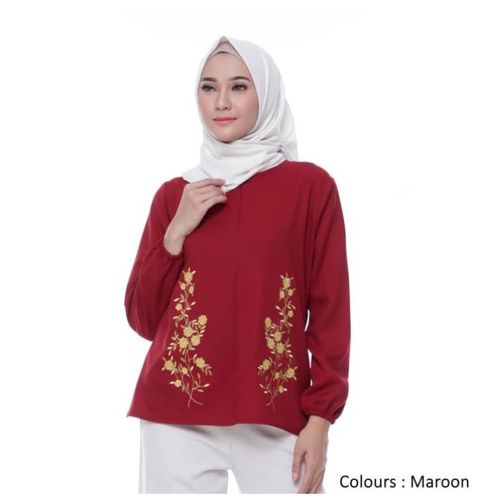 COTTONBELLS ATASAN CASUAL SCUBA WANITA PLAID BATWING TOP / Blouse Bordir Lengan Panjang Merah Busui