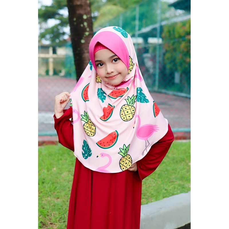 BERGO HIJAB INSTANT ANAK MOTIF FLAMINGGO PINK / HIJAB INSTANT ANAK / JILBAB ANAK LUCU KARAKTER