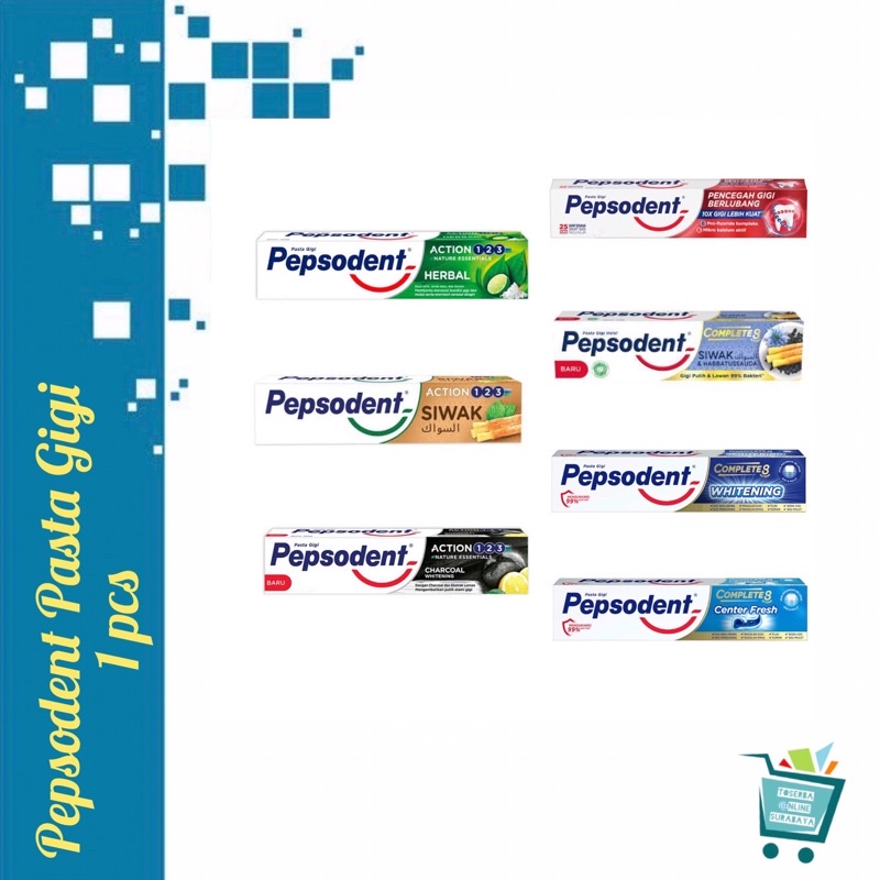 Pepsodent Pasta Gigi / Action 123 / Complete 8 Whitening / Siwak / Herbal / Center Fresh / Charcoal 