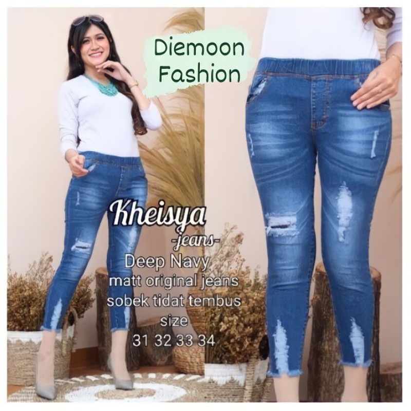 Jeans Terbaru Kheisya Jeans sobek kekinian bahan melar. Jeans 7/9 bahan melar pinggang karet