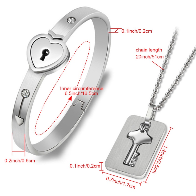 2pcs / Set Kalung Liontin Kunci Hati Bahan Stainless Steel Warna Silver