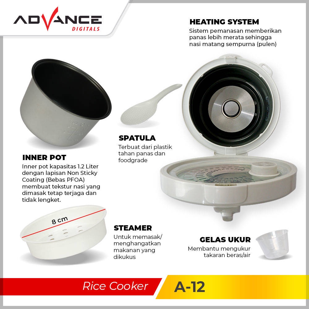 【Garansi 1 Tahun】Advance A-12 Rice Cooker Mini 1.2L Penanak Nasi Serbaguna 3 in 1 Magic Com