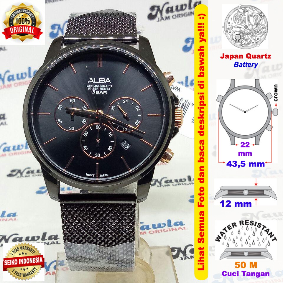 Alba Quartz AT3E39X1 Chronograph Black Shark Mesh - Jam Tangan Pria AT3E39