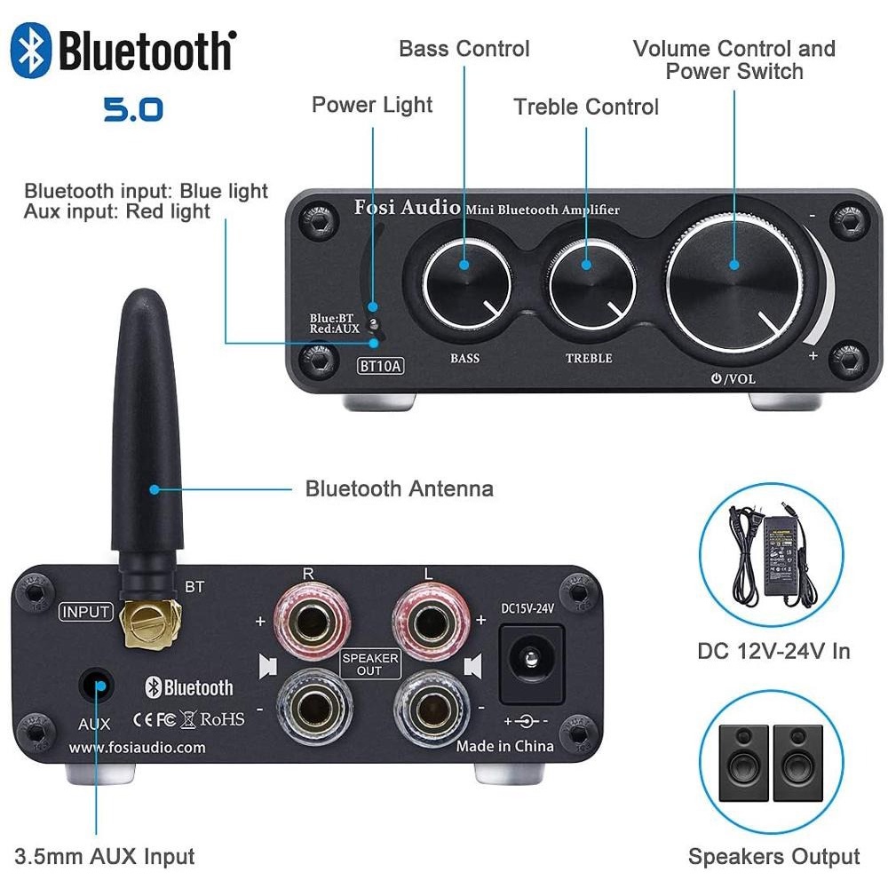 Amplifier Bluetooth FOSI HiFi 2 Channel 50Wx2 TPA3116D2 - BT10A - Black