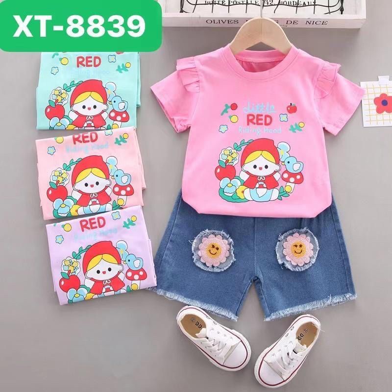 Setelan Kaos Import anak cewek Motif Rabbit / Setelan Levis Denim Premium / set anak perempuan Import / Setelan Anak kekinian Fashion korea