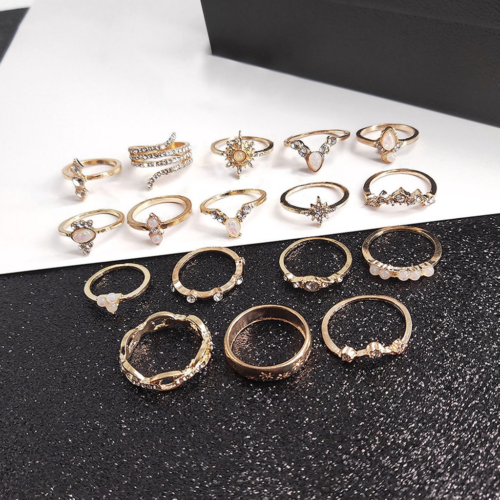 Hu Hu Hu Hu Hu Alat Bantu Pasang Kacamata♡ 17pcs Cincin Buku Jari Aneka Bentuk Hias Berlian Imitasi Gaya Vintage Untuk Wanita