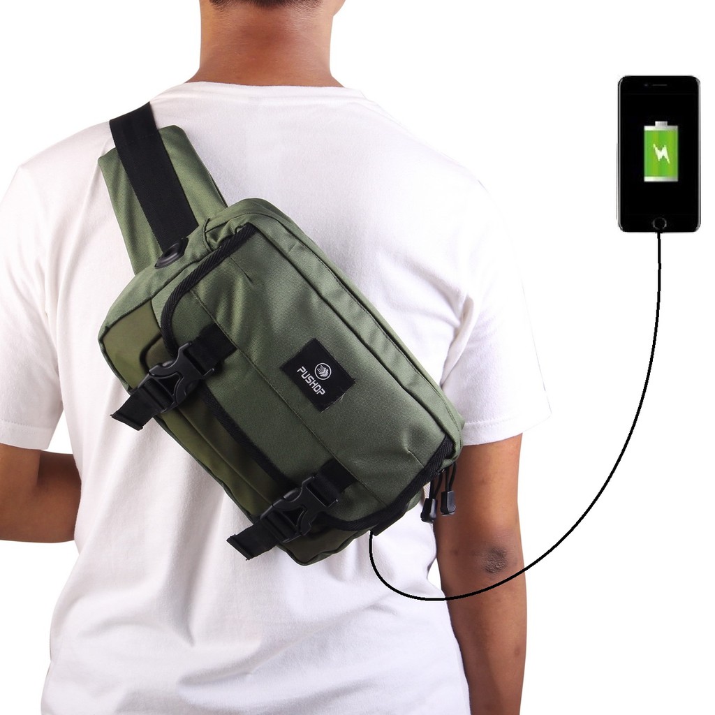  Tas  Selempang Pria Straight Waistbag USB Pushop 