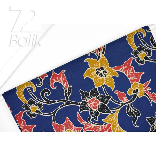 KAIN BATIK PREMIUM Bahan Katun Motif Kembang Warna Biru Dongker Kuning Merah 724883 Cap 72 Jarik Jarit Samping Kebat Panjang Batik Katun Modern Premium Bahan Seragam Batik Pernikahan Kantor Keluarga Murah Kamen Jadi Batik Bali Lembaran