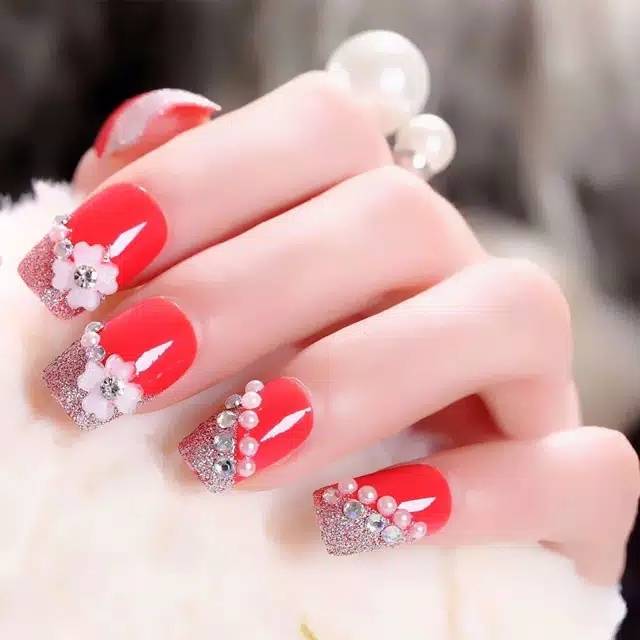 HZ-032 kuku palsu merah bunga glitter silver