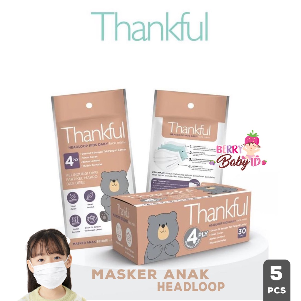 Thankful Masker Medis Anak Headloop 4 Ply Kids Face Mask Sachet 5 pc Berry Mart