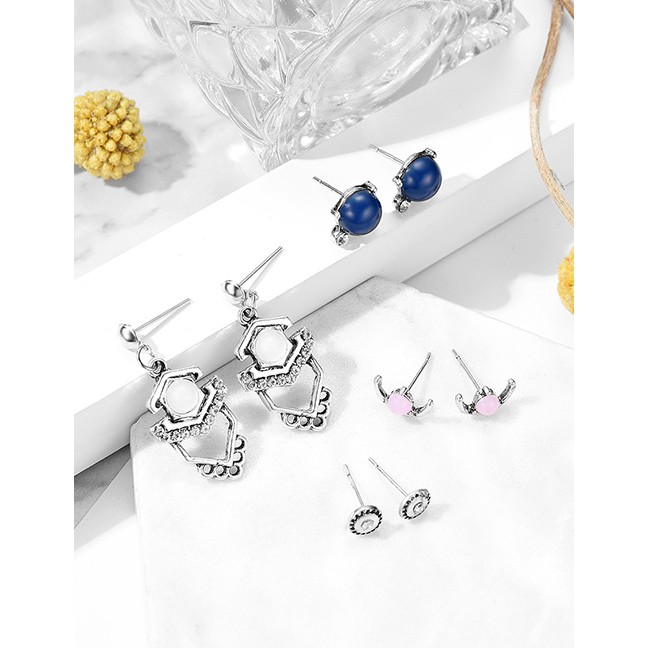 LRC Anting Set Fashion Silver Moon-studded Geometric Stud Earrings 4 Pairs F29786