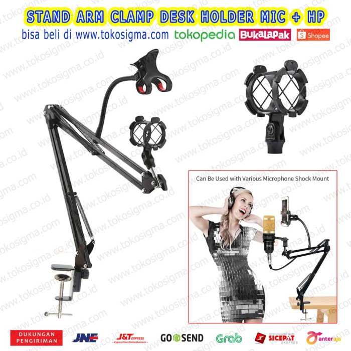 Mic Stand Microphone Boom Arm Jepit Meja Holder Klip HP Smule ZOOM D6
