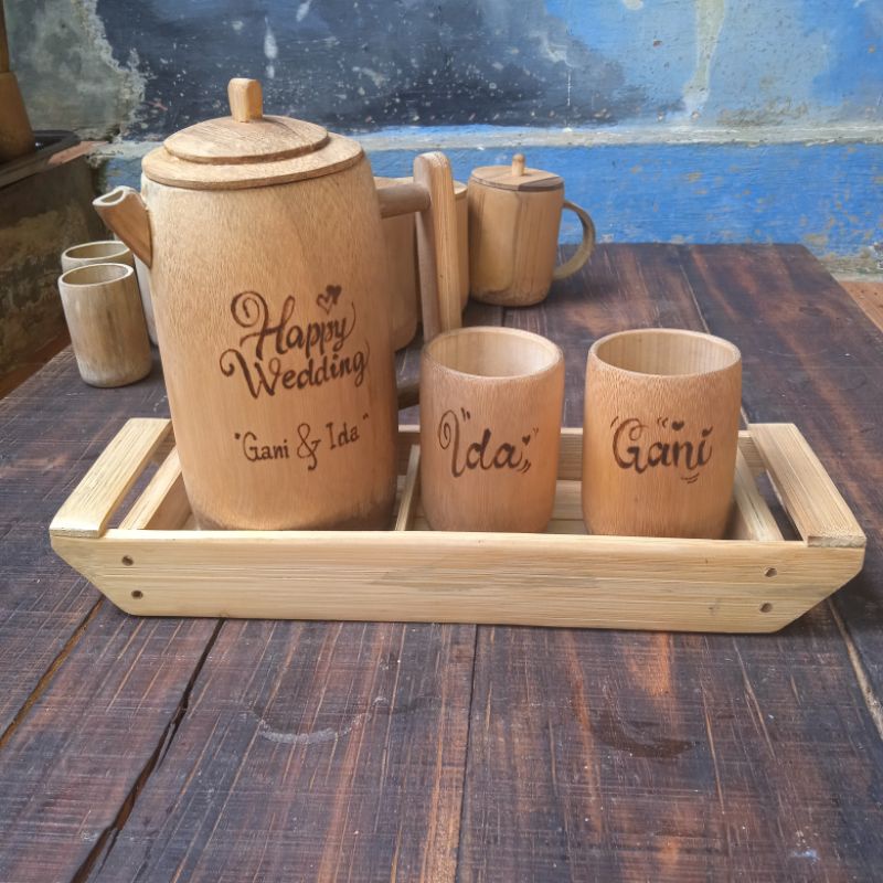 Kado Unik Set Poci Bambu Set Couple Custom Lukis| Hampers  Hadiah  Unik Kerajinan Bambu