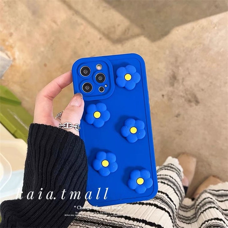 Pola Bunga Biru 3D iPhone 12 13 11 Pro Max X Xs Max Xr 7 8 Plus Casing Silikon Lslt