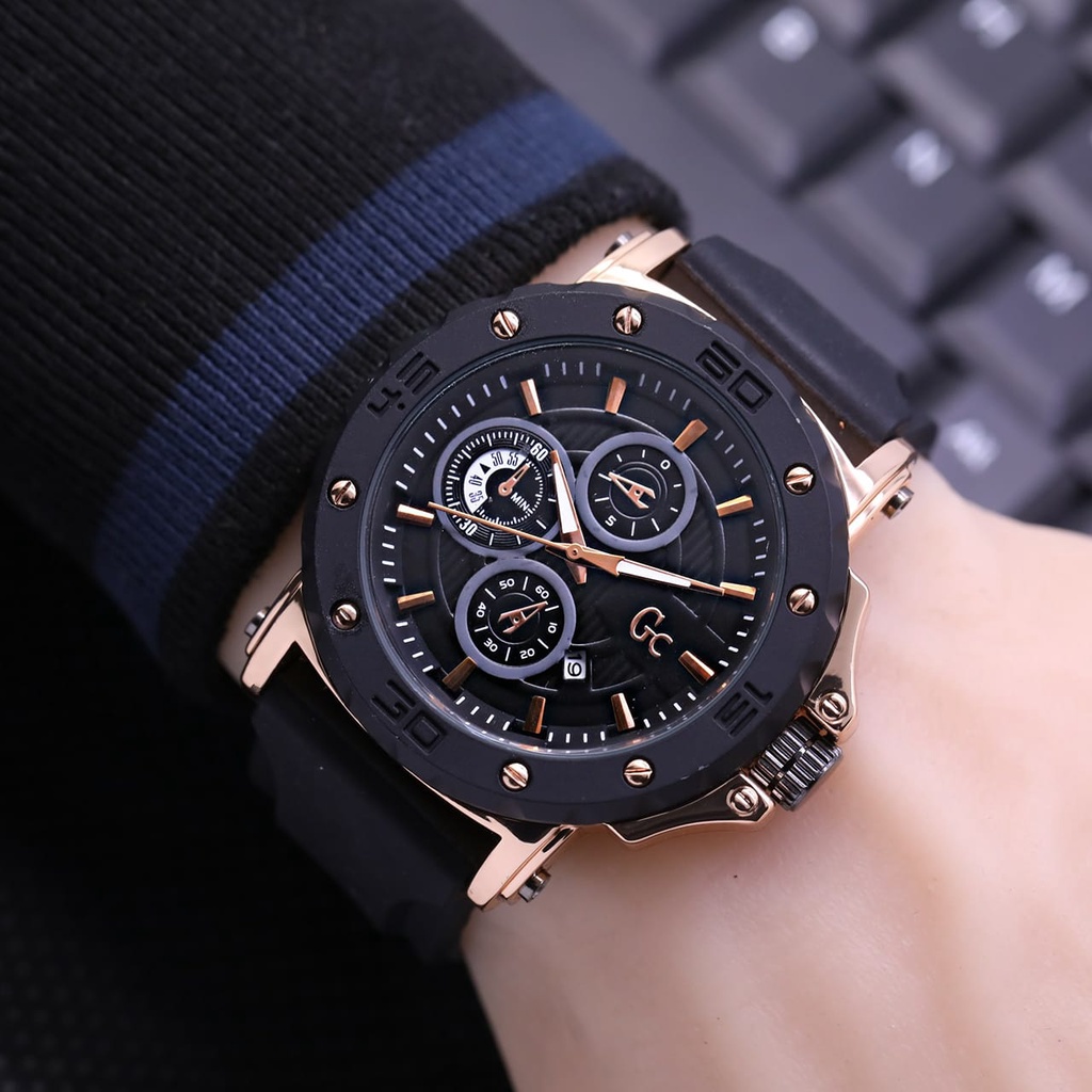 Jam Tangan Pria Fashion L4856S Tali Rubber Tanggal Aktif Chrono Variasi Free Box &amp; Baterai