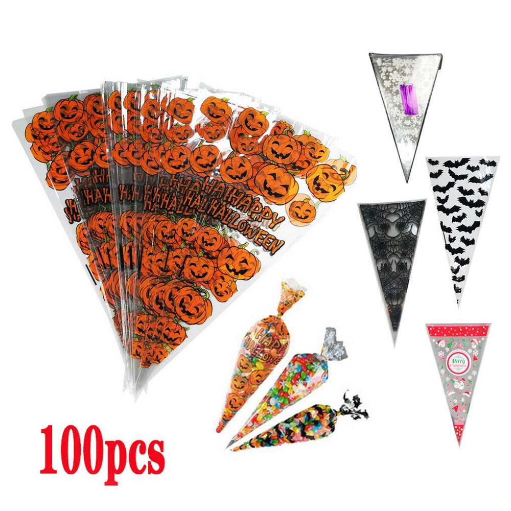 【COD Tangding】100pcs Kantong Permen Bentuk Segitiga Motif Print Bahan OPP Food Grade Untuk Natal / Halloween