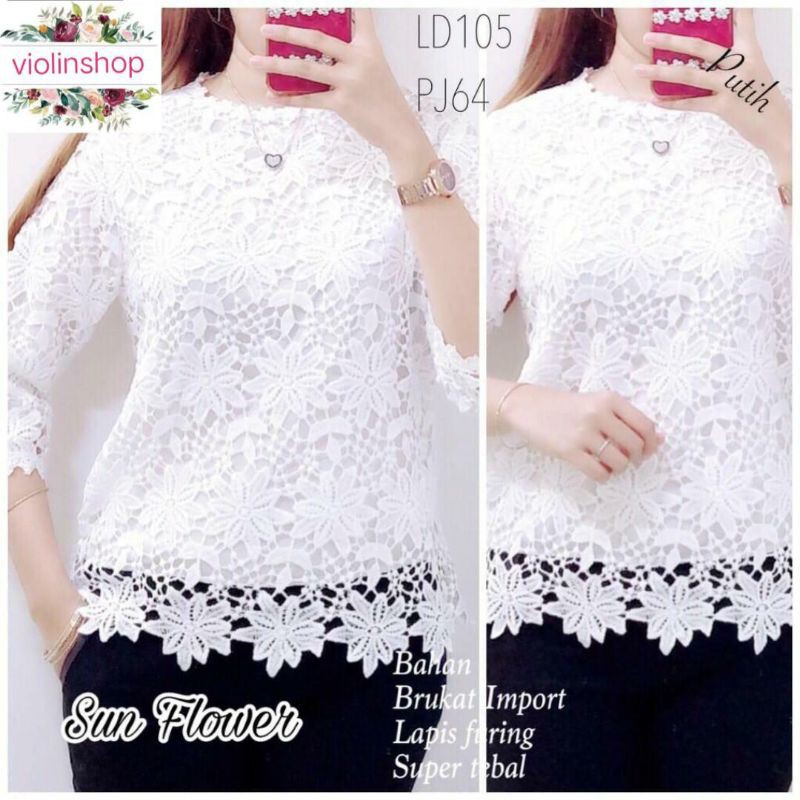 SunFlower baju atasan blouse brokat putih white top