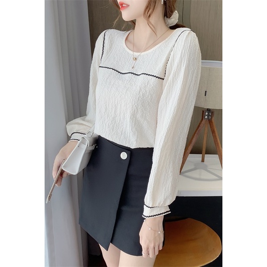 2021 Fashion Chiffon Blouse Korean Style Putih Hitam Lengan panjang Blus Wanita Kasual Work Atasan 2023