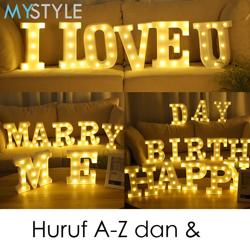 LAMPU LED HURUF HATI SIMBOL &amp; A-Z WARM WHITE BATERAI DEKORASI KAMAR LAMPU HIAS