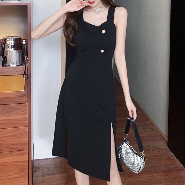 【SALE】Korean Midi Dress Botton A-Line Short Sleeve Dress Wanita Bahu Terbuka 1320 (S-XL)