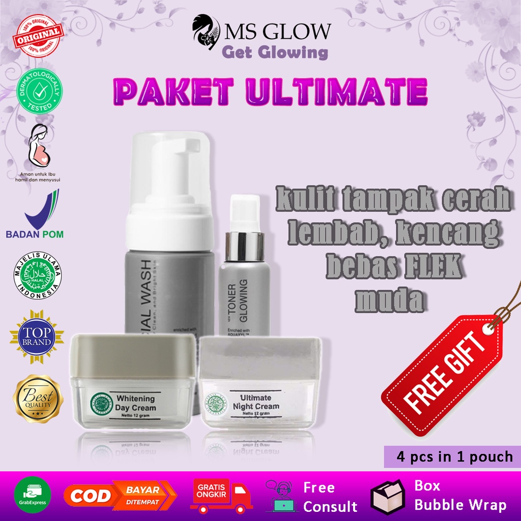 Paket skincare wajah day night cream facial wash toner MS Glow original ori bpom ultimate untuk pele