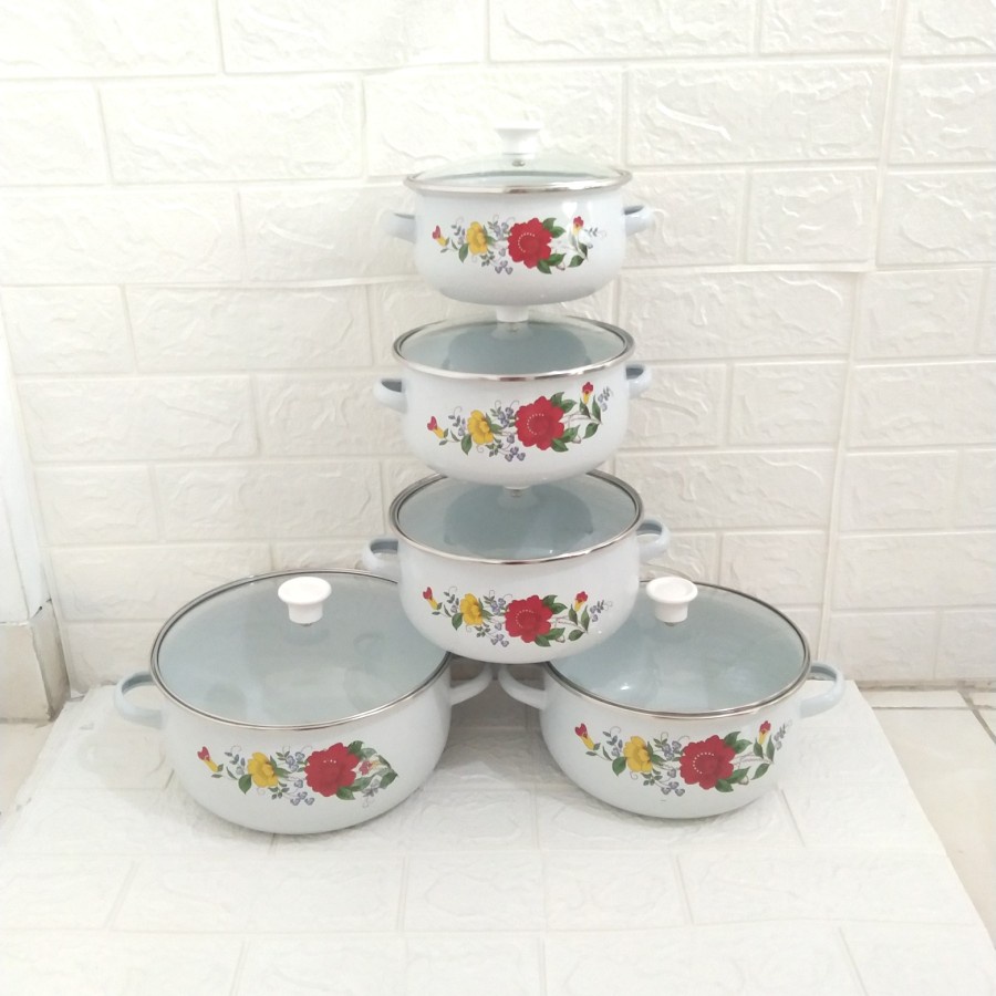 Panci Enamel Kembang Putih Tutup Kaca 16 18 20 22 24 set Panci Jadul