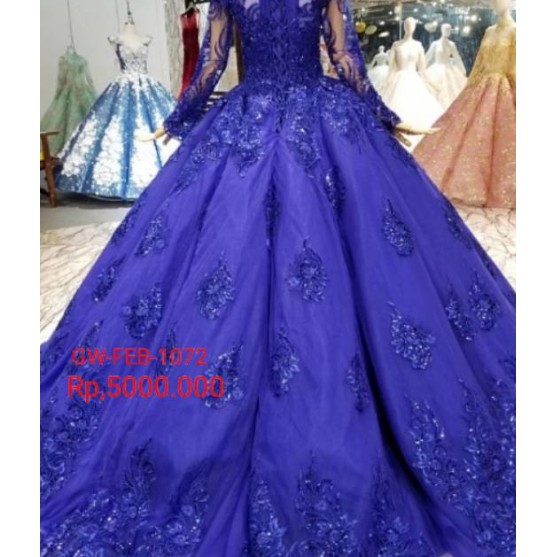 Gaun Wedding Pengantin Elegan Tinggi Leher Afrika Muslim Renda Royal Blue