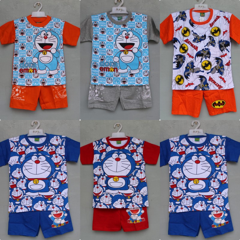 stelan baju kaos celana doraemon sablon print size 4-20