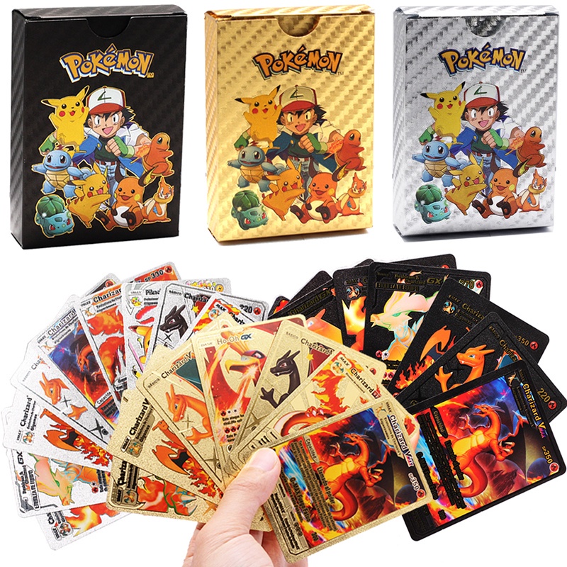Kartu Pokemon 1 Box 55pcs Metal Warna Charizard Pikachu Pokemon Card