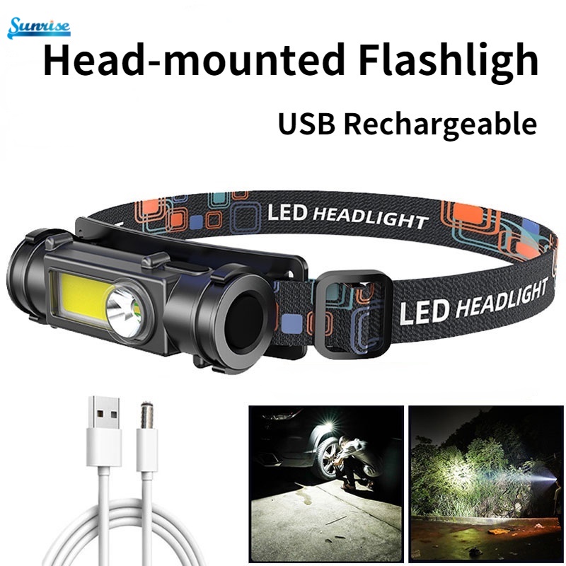 Senter Kepala Led Xpe + Cob Portable Usb Rechargeable Untuk Outdoor / Camping / Memancing