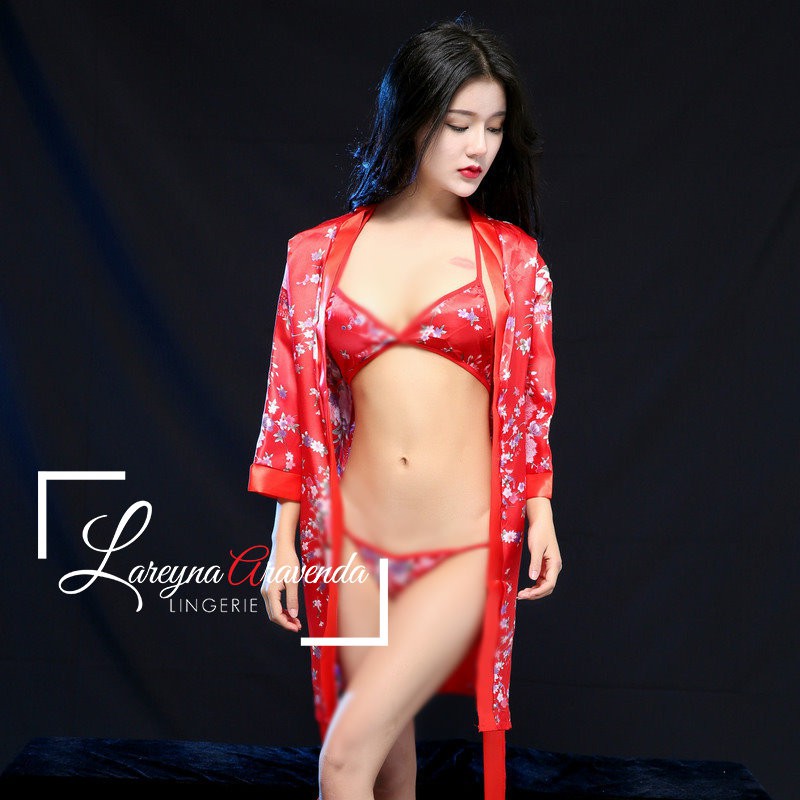 Set Lingerie Sexy + G String + Bra Bahan Satin Jepang Model Kimono Sakura LG050