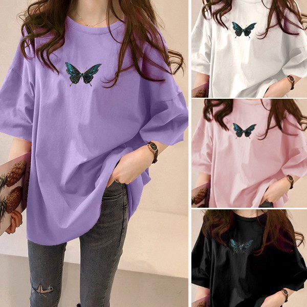 Baju Kaos Wanita Korean Style Size XL T Shirt Oversized Butterfly Bahan Spandex