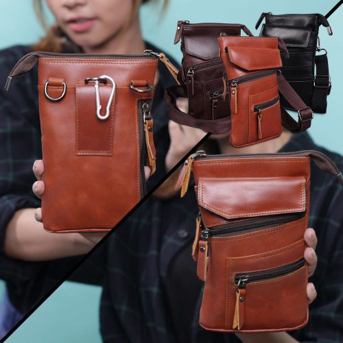 TAS SELEMPANG PRIA WAISTBAG COWOK CASUAL 6 SLOT RUANG MUAT HANDPHONE BAHAN KULIT SAPI BERGARANSI P52