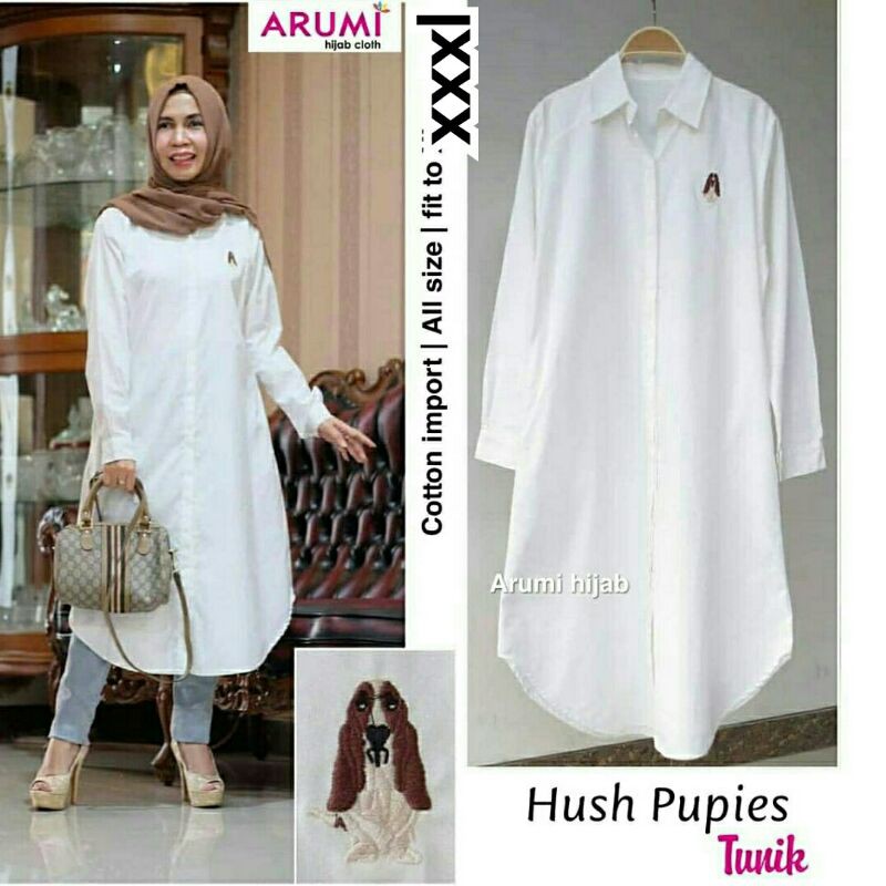 Hush Pupies Tunik JUMBO warna putih WHITE long tunic cewek katun polos panjang keren fashion ootd ok